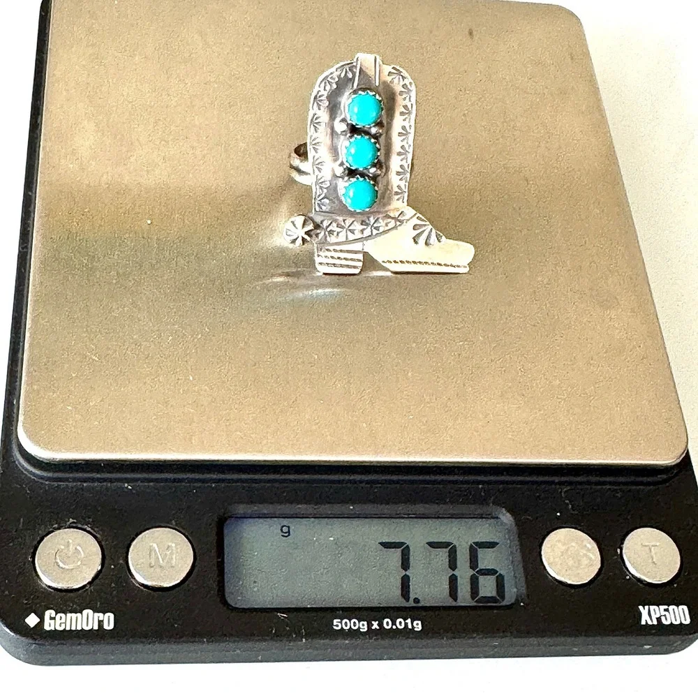 Navajo Cowboy Boot Ring Turquoise Sz 7 Sterling‎ Signed T Yazzie Native American